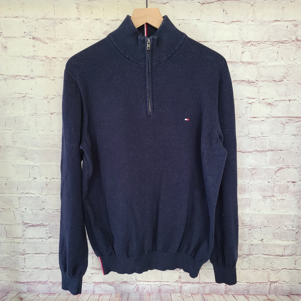 Tommy Hilfiger Navy Mock Neck Quarter Zip Knit Sweater Large
